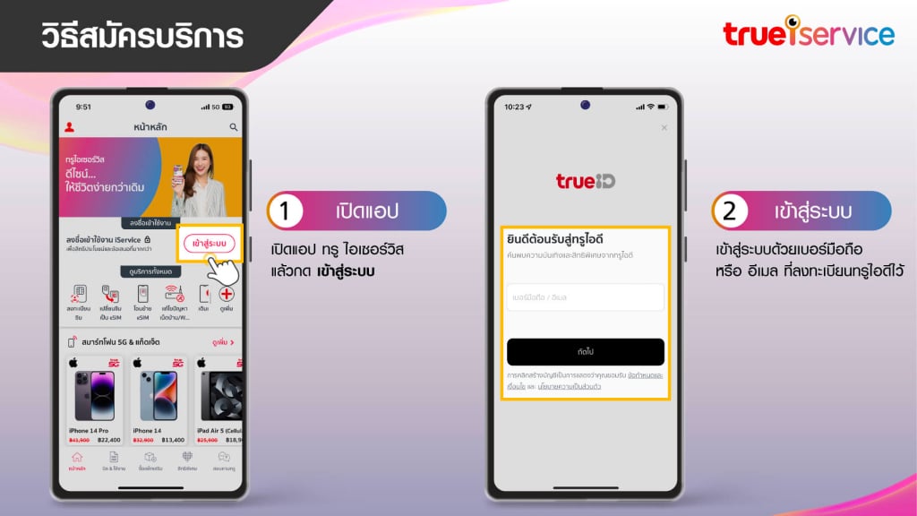 ขั้นตอนการสมัครบริการ จ่ายผ่านเบอร์ทรูมูฟ เอช 1.เปิดแอป 2.เข้าสู่ระบบ
