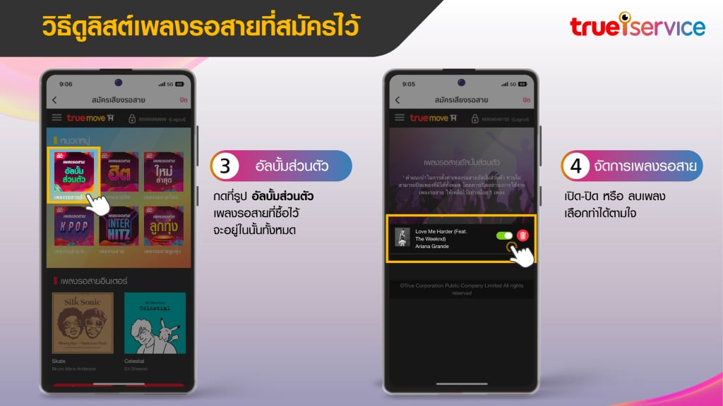 วิธีดูลิสต์เพลงรอสายที่สมัครไว้ 3.กดที่รูป อัลบั้มส่วนตัว 4.เปิด-ปิด หรือ ลบเพลง ได้ตามใจ