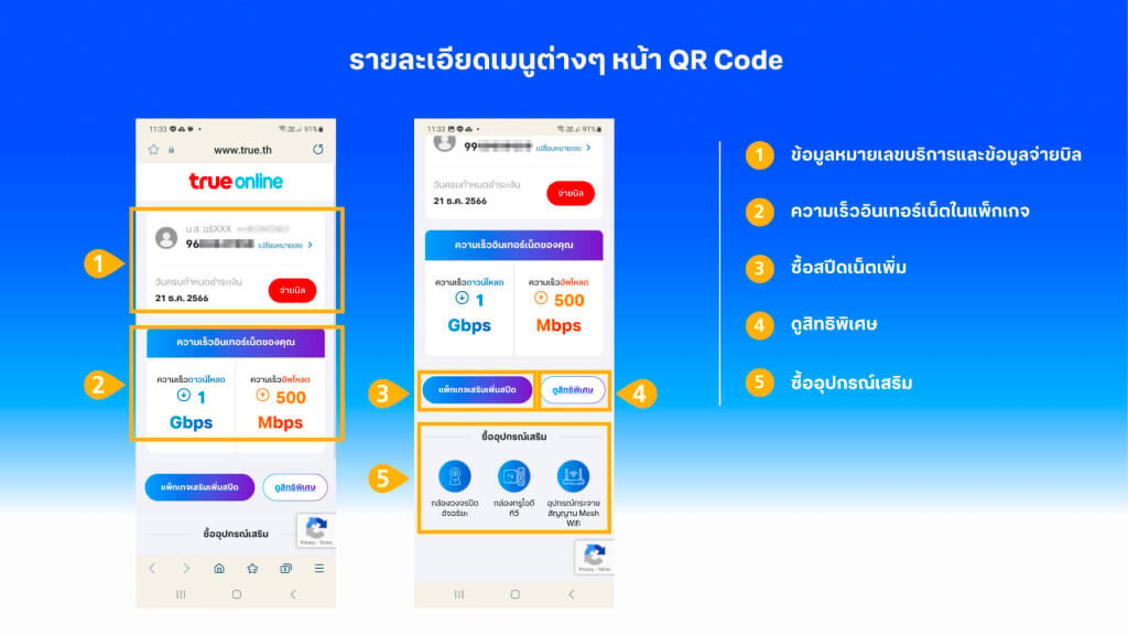 รายละเอียดเมนูต่าง ๆ หน้า QR Code บนทรูออนไลน์