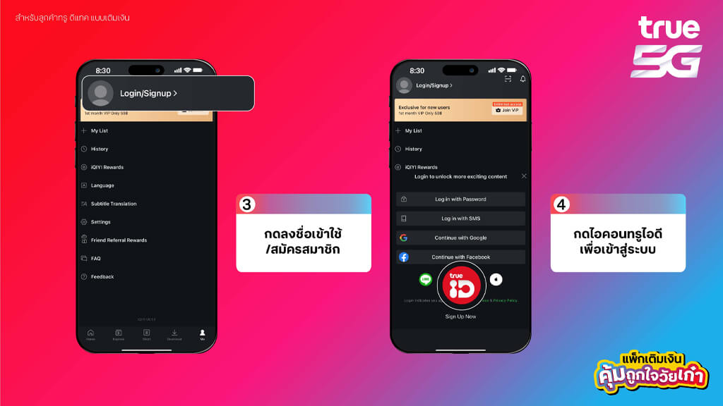 วิธีการรับสิทธิพิเศษ IQIYI VIP 3.กดลงชื่อเข้าใช้ 4.กดไอคอน ทรูไอดี เพื่อเข้าสู่ระบบ