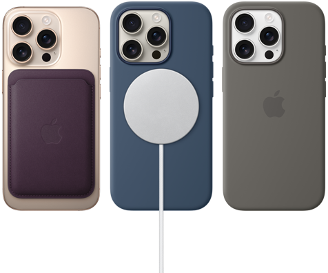 iPhone 16 Pro จำนวน 3 เครื่อง, ตัวเครื่องภายนอกด้านหลัง, พร้อมอุปกรณ์เสริม MagSafe ที่ติดเข้ากับเครื่อง ได้แก่ เคสผ้า FineWoven แบบกระเป๋าสตางค์สำหรับ iPhone, ที่ชาร์จ MagSafe และเคสซิลิโคนสำหรับ iPhone พร้อม MagSafe