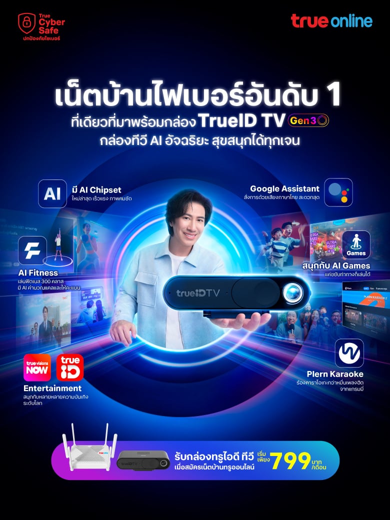 สมัครเน็ตบ้านไฟเบอร์ทรูออนไลน์ รับฟรีกล่องทรูไอดีทีวีรุ่นใหม่ gen3 กล่อง AI อัจฉริยะ